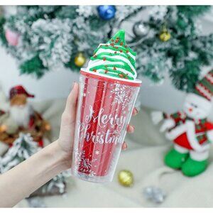 MERRY CHRISTMAS Tumbler Cup Mug Frosty Insulated Straw 16 OZ Coffee Ice Cream